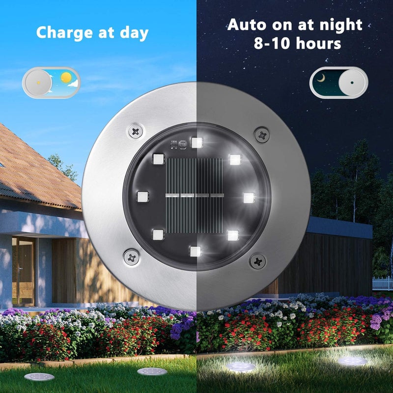 BRIZLER Solar Ground Lights, 12 Pack 8 LED In-Ground Lights, Waterproof Solar Disk Light Garden Lighting Outdoor Landscape Lighting Disc Light for Pathway Lawn Yard Driveway Walkway, Cool White - Image 4